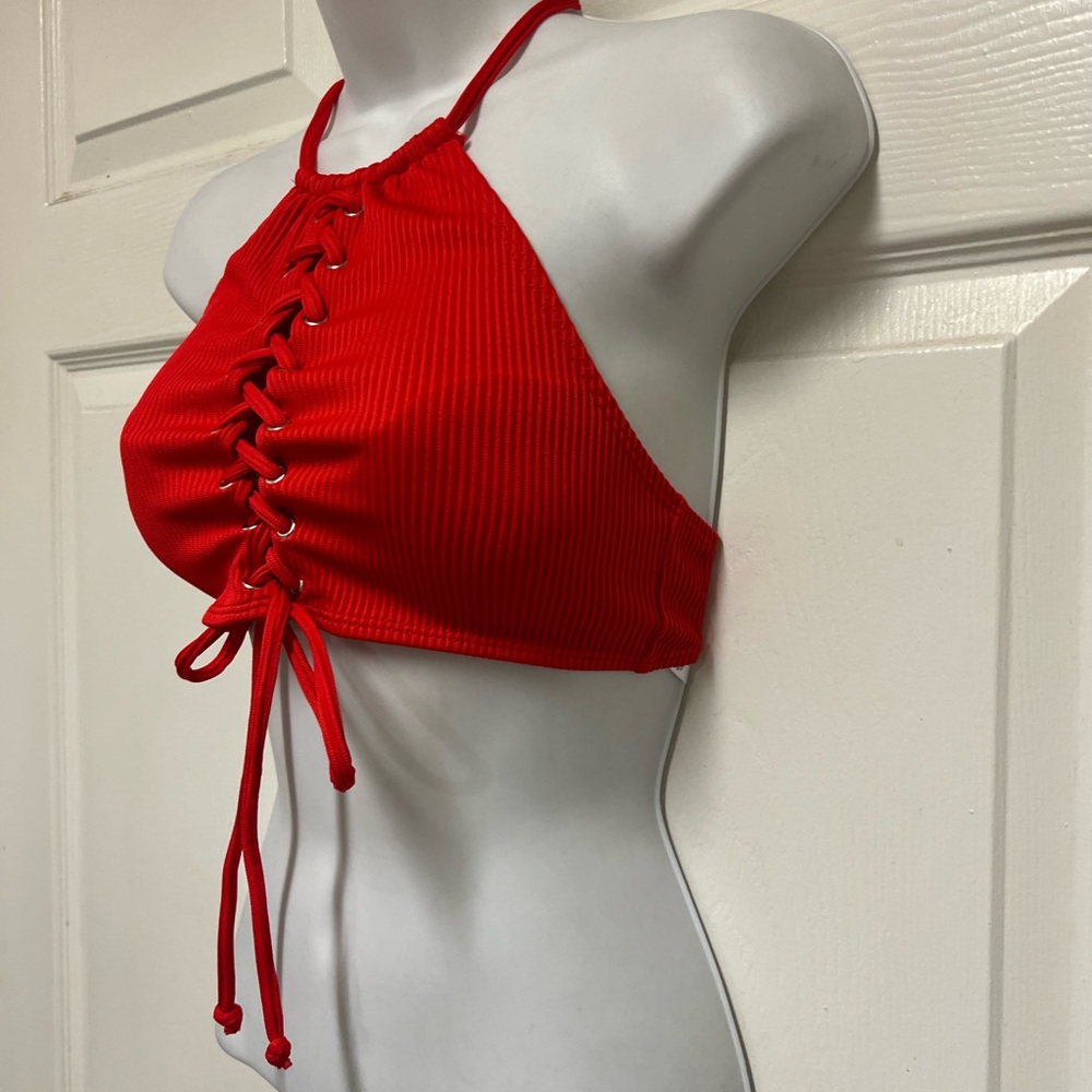 RUE21 Blue Rue Red Ribbed Lace Up Halter Top - Picture 5 of 9